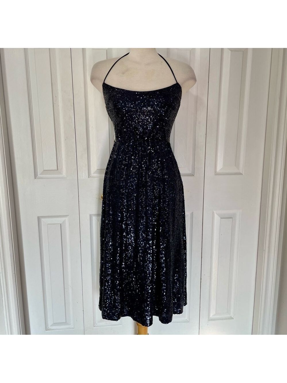 NWT Express Strapless Halter Top Navy Sequin Dress
